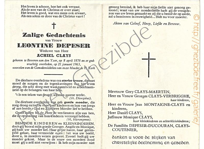 Leontine DEPESER weduwe van Achiel CLAYS, overleden te Beveren-aan-den-Yzer, den 21 Januari 1963 (74 jaar).